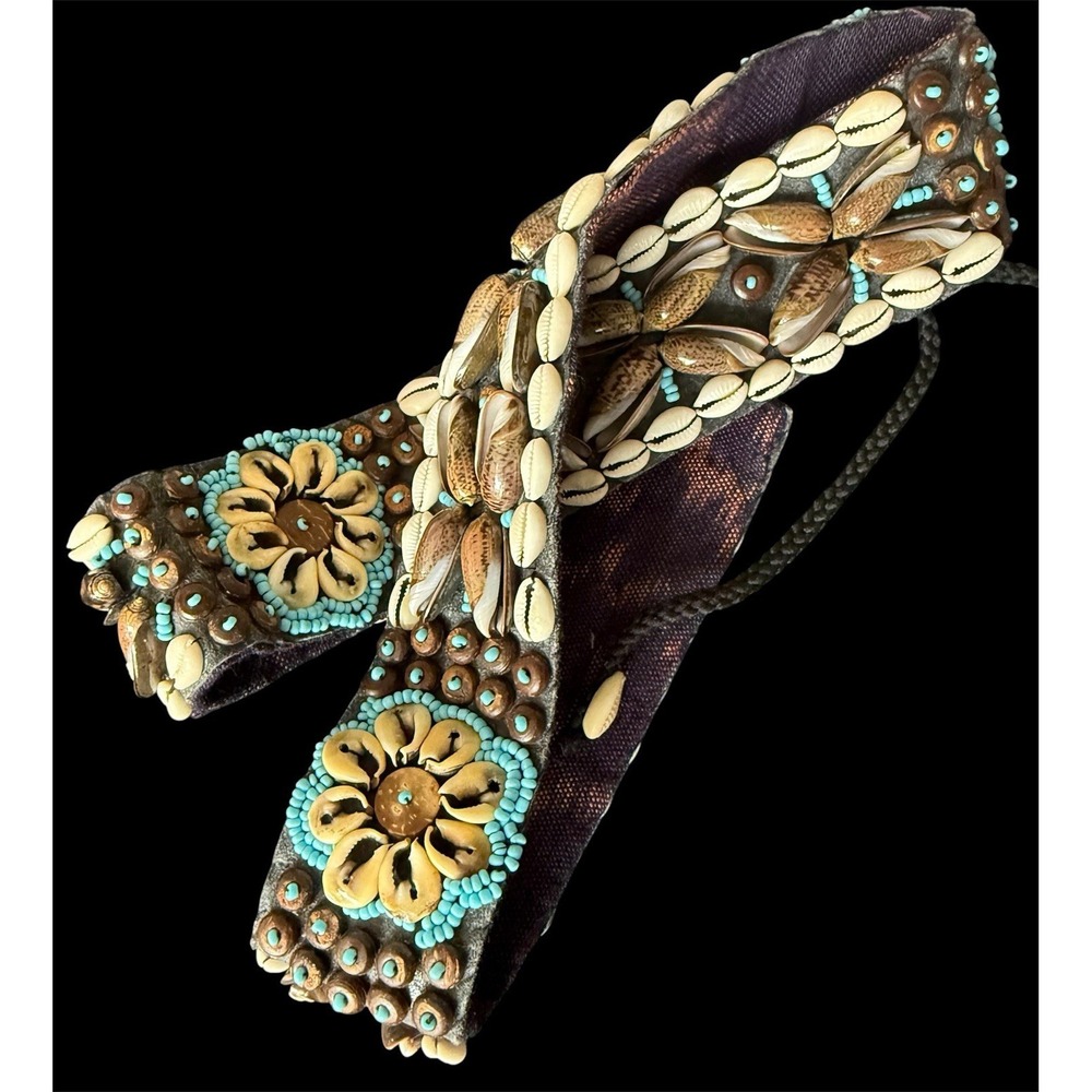 VTG Kuba (African) Beaded Cowrie Shell & Blue Bead Tie Belt Ceremonial  Art